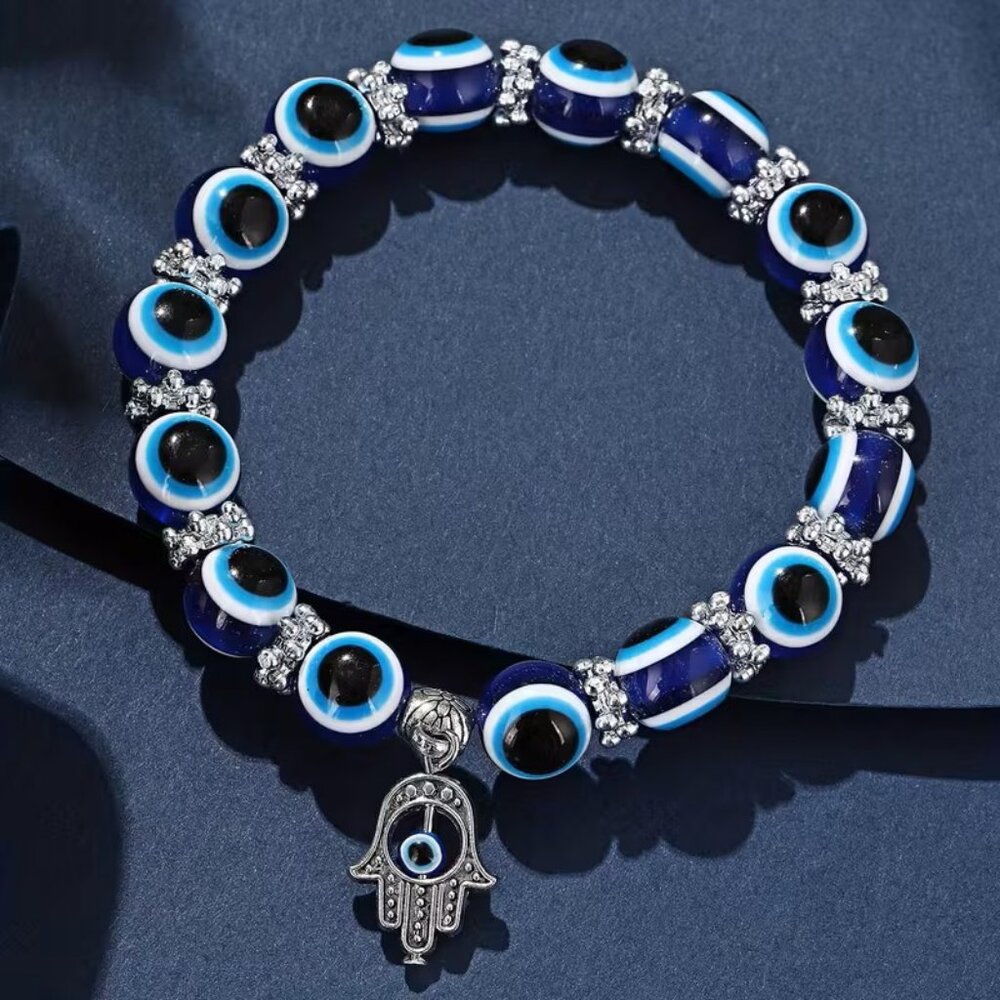Royal Blue Evil Eye Beaded Bracelet with Palm Fatima Hamsa Z132